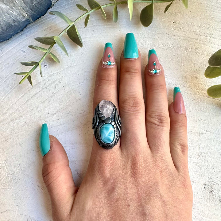 Energy crystal ring with larimar and rose quartz