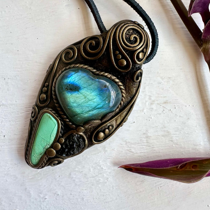 Labradorite Heart Chrysoprase and Moldavite Necklace - FairyGardenGlow
