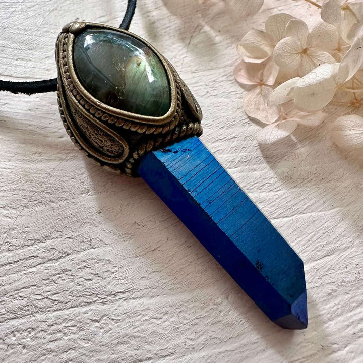 Cobalt Aura Quartz and Labradorite Necklace - FairyGardenGlow