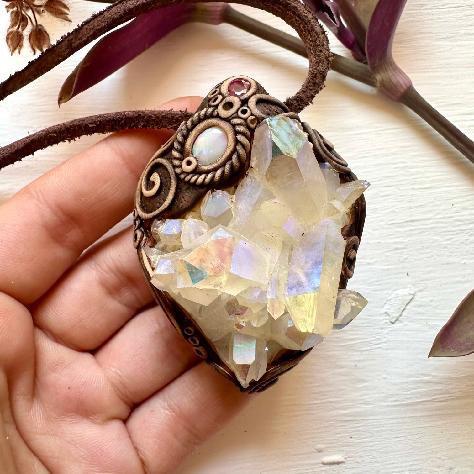 Angel Aura Quartz Cluster Australian Opal and Ruby Pendant Necklace - FairyGardenGlow