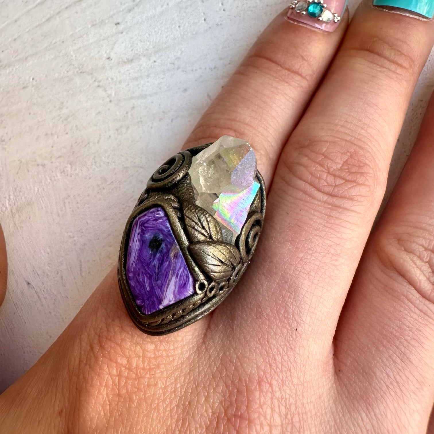 Angel Aura Quartz Cluster and Charoite Ring