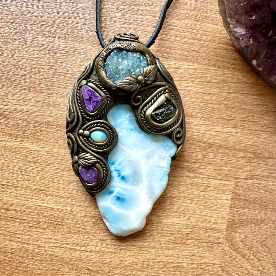 Large Larimar, Aqua Aura Quartz Cluster, Charoite, Australian Opal and Moldavite Healing Crystal Talisman – Spiritual Jewelry for Meditation & Energy Work - FairyGardenGlow