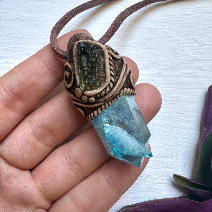 Aqua Aura Quartz and Moldavite Pendant Necklace - FairyGardenGlow