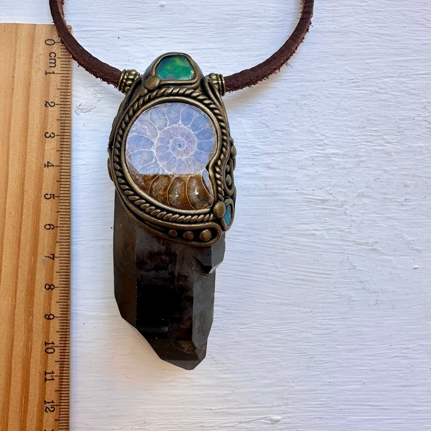 Smoky Quartz Ammonite Opal and Blue Apatite Wand / Pendant - FairyGardenGlow