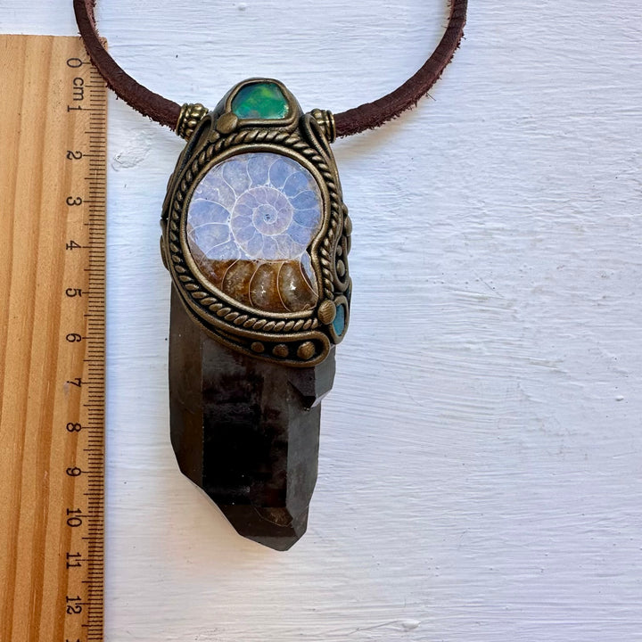 Smoky Quartz Ammonite Opal and Blue Apatite Wand / Pendant - FairyGardenGlow