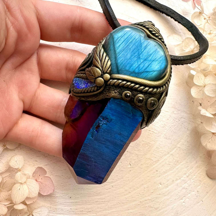 Cobalt Aura Quartz, Blue Labradorite Heart, Boulder Opal and Blue Sapphire Crystal Wand / Unique Crystal Pendant - FairyGardenGlow