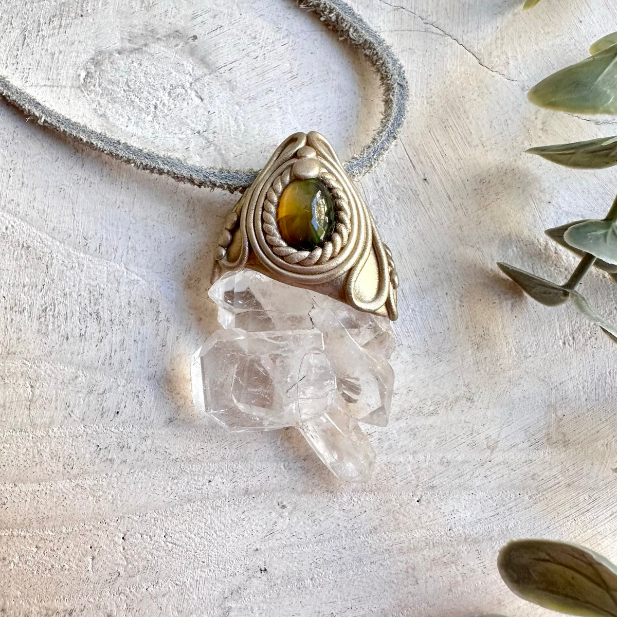 Faden Quartz and Black Ethiopian Opal Pendant Necklace, Handmade Crystal Jewelry