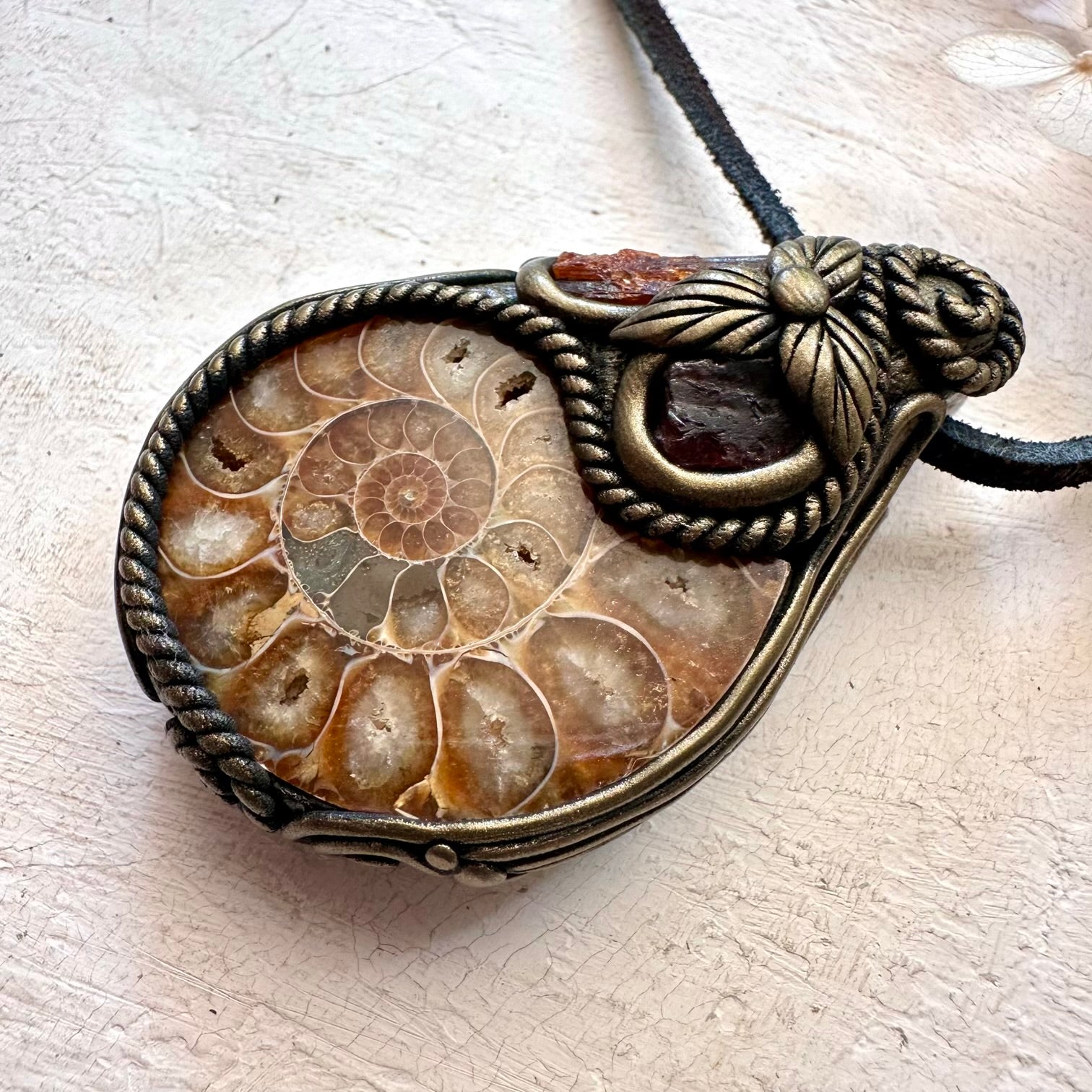 Ammonite Red Garnet and Orange Kyanite Pendant Necklace - FairyGardenGlow
