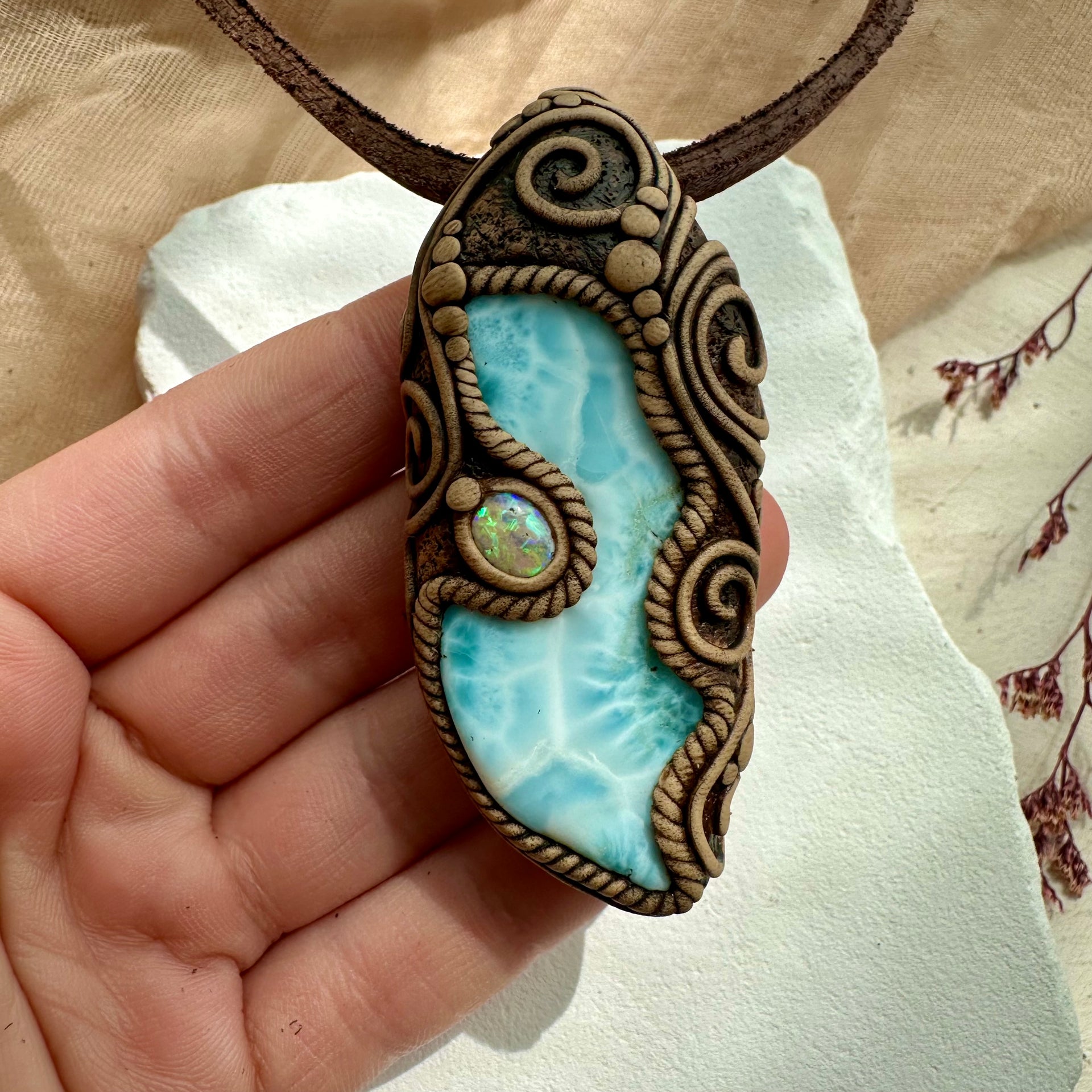 Large Larimar and Australian Opal Pendant Necklace