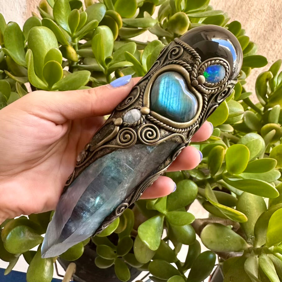 Large Aqua Aura Lemurian Quartz Obsidian Blue Labradorite Heart Australian Crystal Opal Moldavite Aquamarine and Clear Topaz Wand, Healing Crystal Tool - FairyGardenGlow