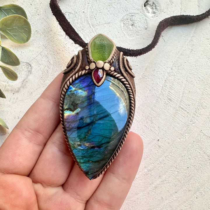 Labradorite Necklace with Raw Peridot & Rhodolite Garnet – Transformation Crystal Jewelry