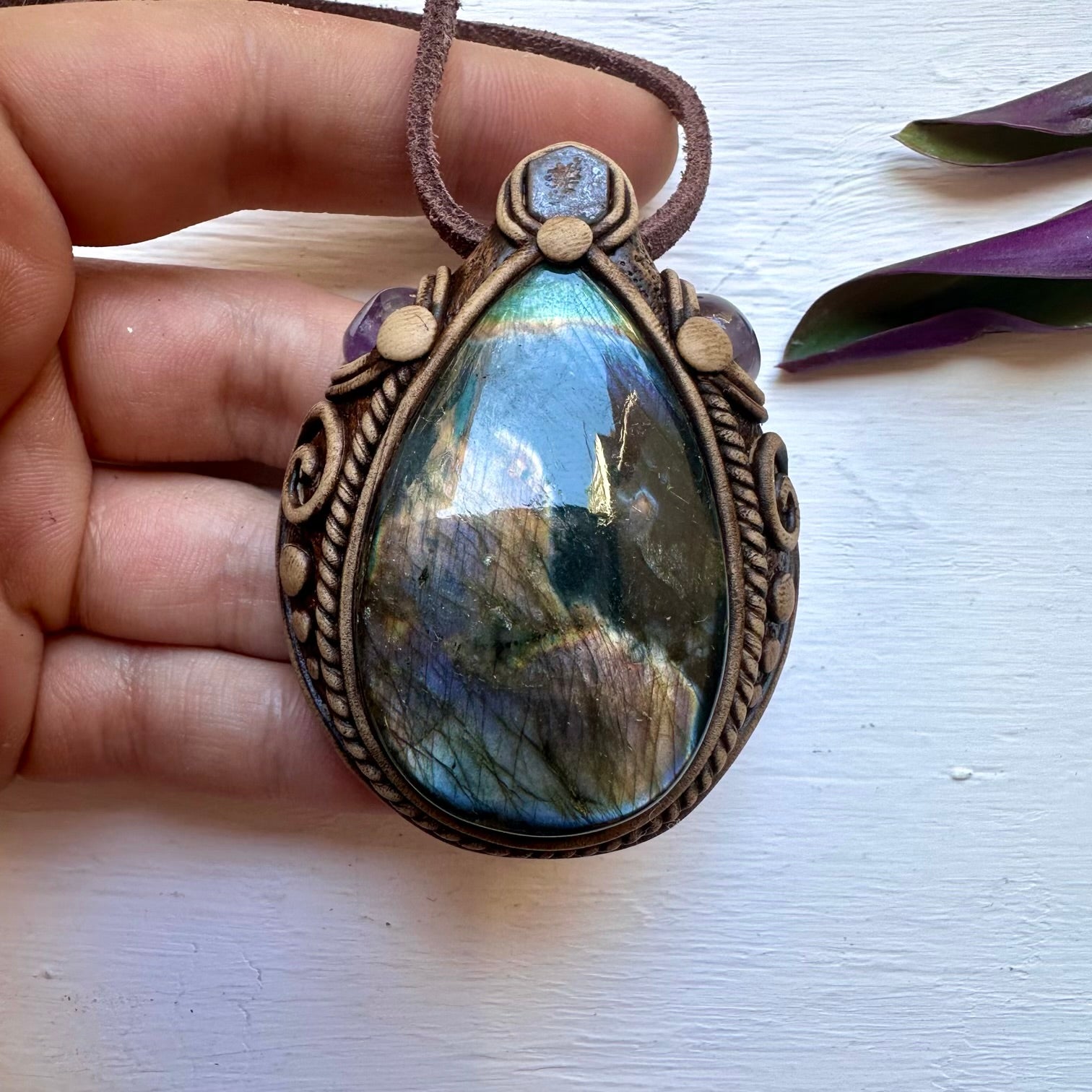 Labradorite Boulder Opal and Amethyst Necklace - FairyGardenGlow