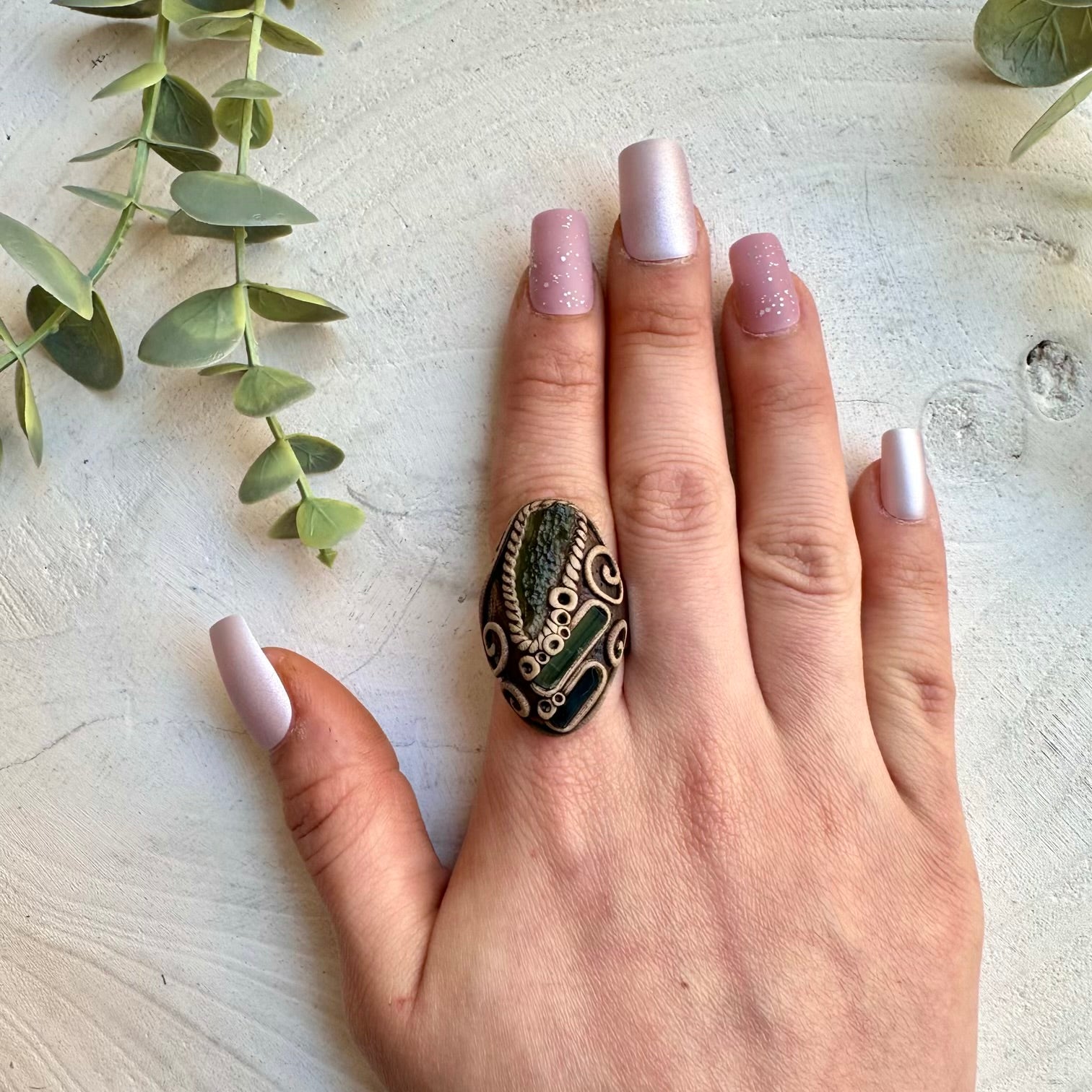 Moldavite with Green and Blue Tourmaline Adjustable Ring