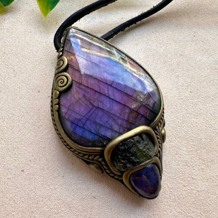 Gorgeous Large Purple Labradorite with Moldavite and Tanzanite Pendant Necklace, Handmade Spiritual Jewelry - FairyGardenGlow