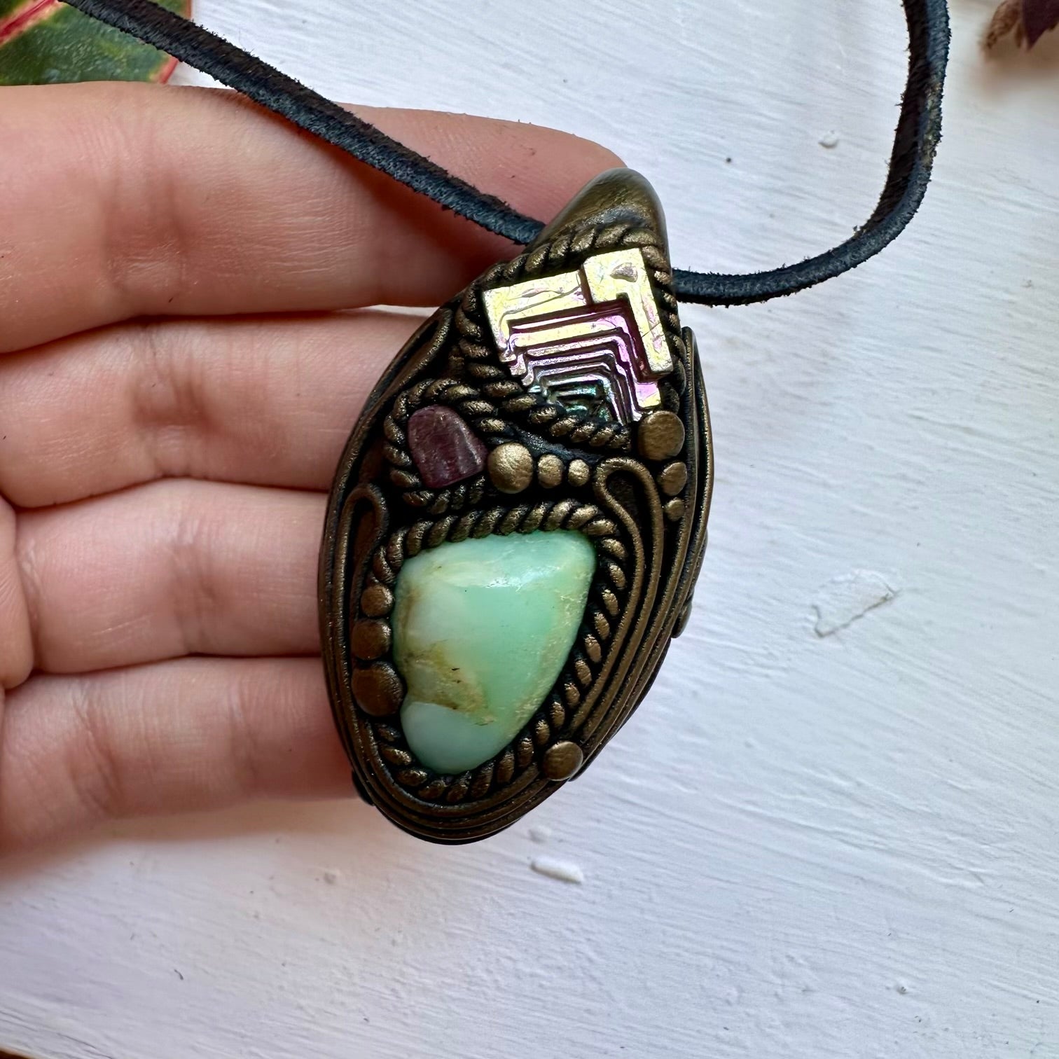 Chrysoprase Bismuth and Ruby Necklace - FairyGardenGlow