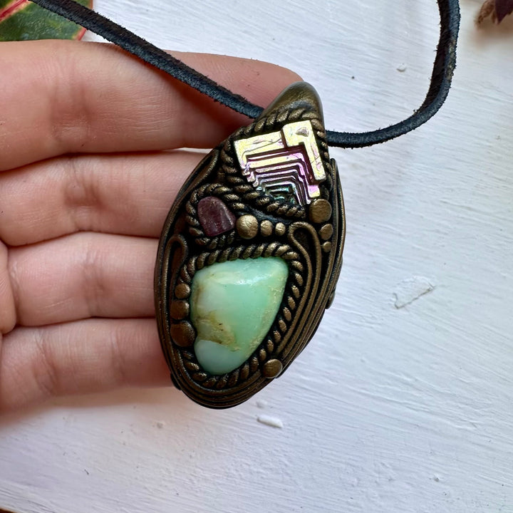 Chrysoprase Bismuth and Ruby Necklace - FairyGardenGlow