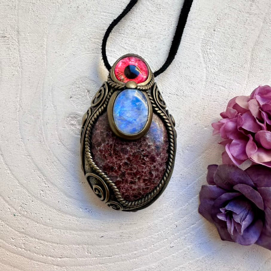 Ethically sourced deep red Garnet crystal with feminine intuition Rainbow Moonstone eye amulet, handcrafted necklace.