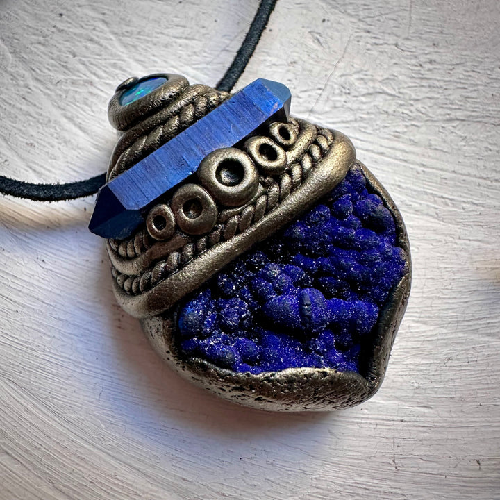 Azurite with Cobalt Aura Quartz and Black Australian Opal Pendant Necklace - FairyGardenGlow