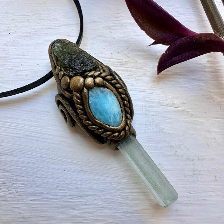 Aquamarine Larimar and Moldavite Necklace - FairyGardenGlow