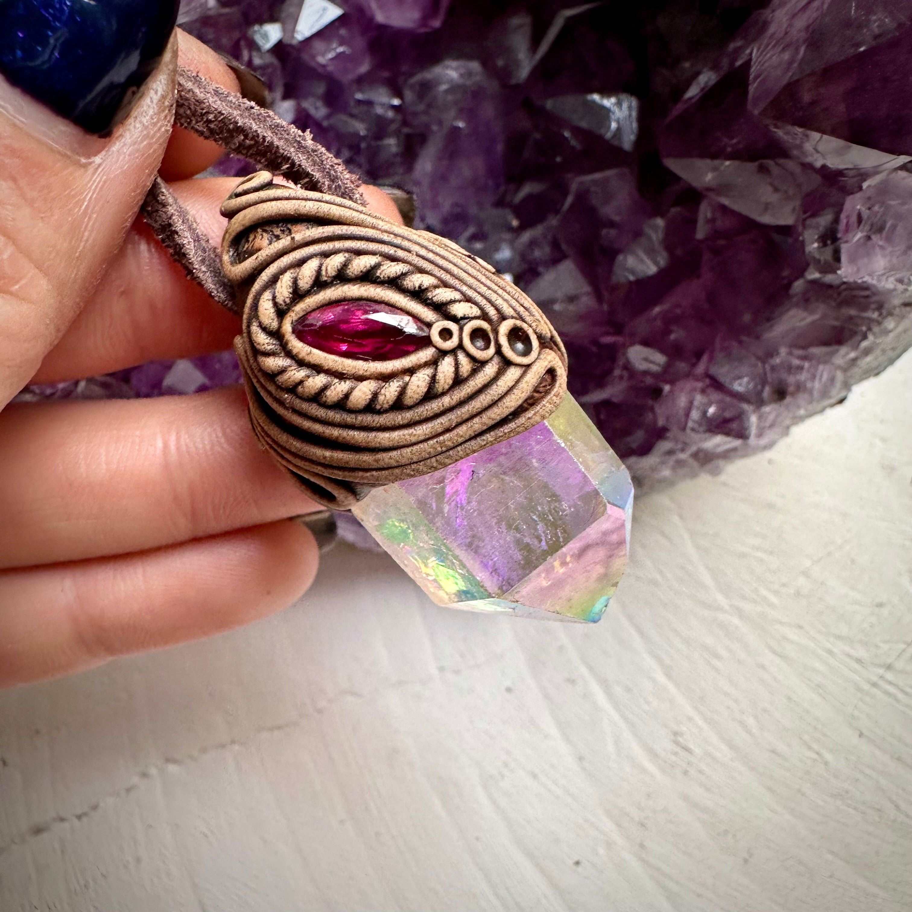Angel Aura Quartz and Ruby Necklace - FairyGardenGlow