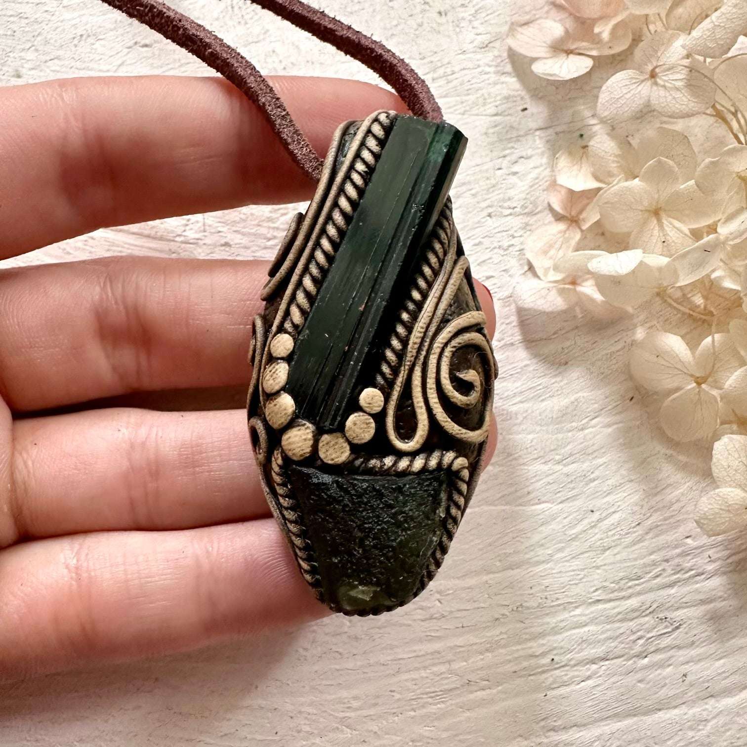 Green Tourmaline and Moldavite Pendant Necklace - FairyGardenGlow