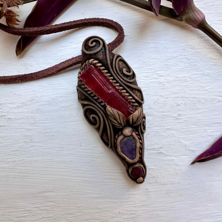 Pink Tourmaline Tanzanite and Ruby Necklace - FairyGardenGlow