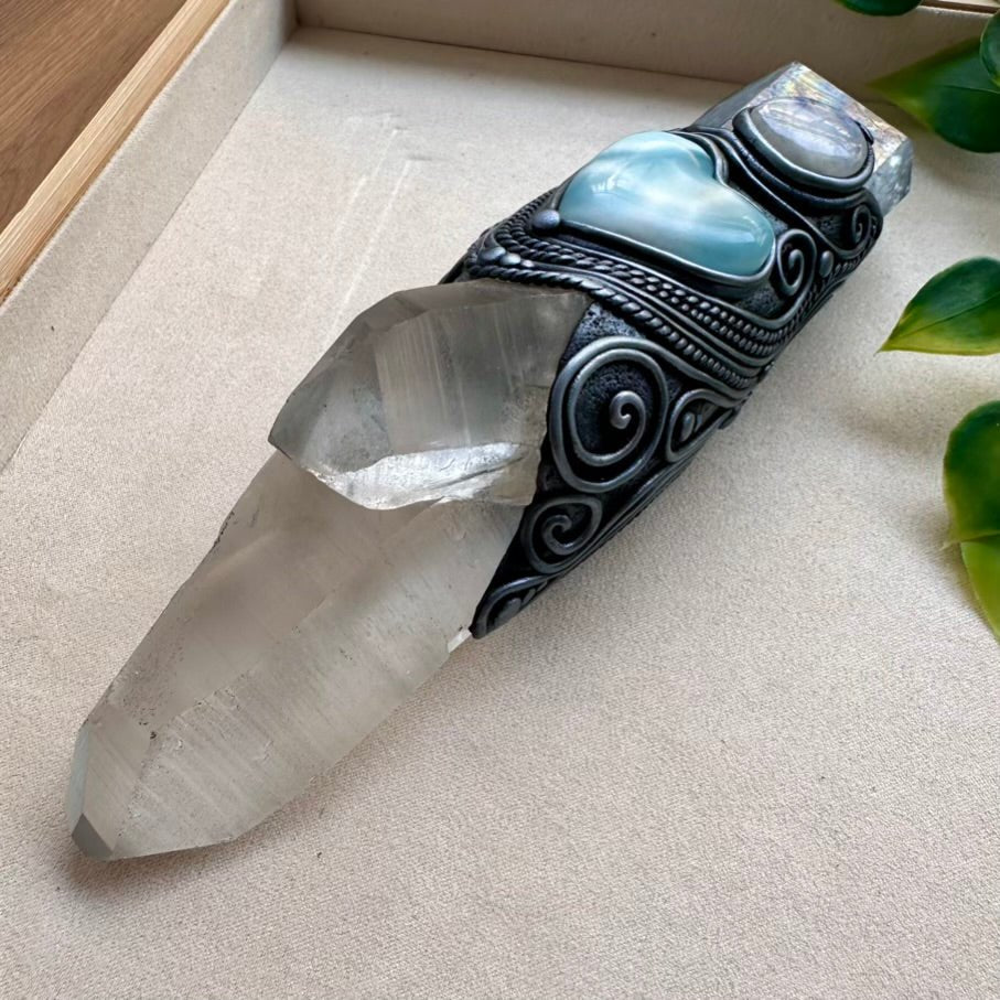 Large Healing Crystal Wand with Lemurian Seed Quartz, Aqua Aura Quartz, Larimar Heart and Rainbow Moonstone FairyGardenGlow