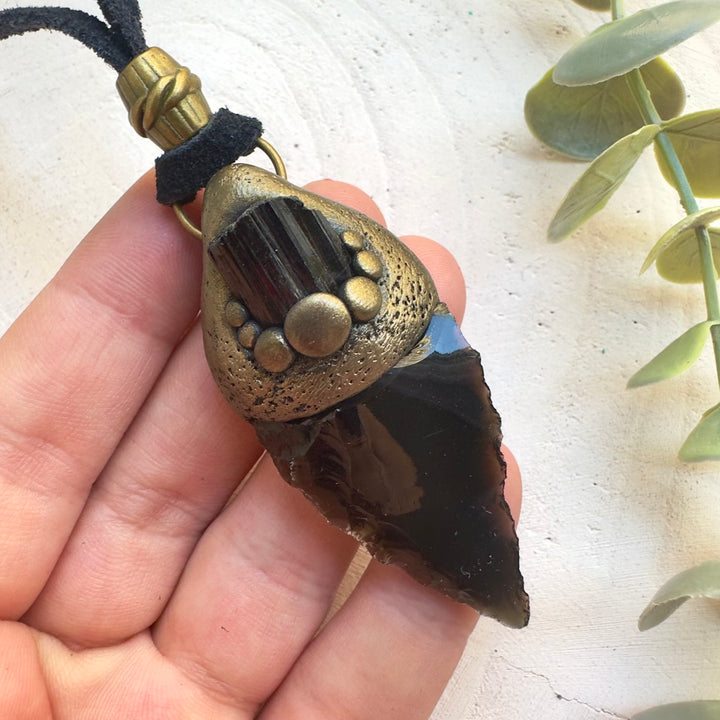 Protection amulet necklace featuring Black Obsidian and Black Tourmaline