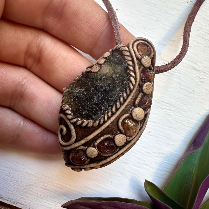 Moldavite and Hessonite Garnet Necklace, Unisex Crystal Jewelry - FairyGardenGlow