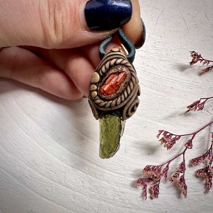 Moldavite and Vanadinite Pendant Necklace - FairyGardenGlow