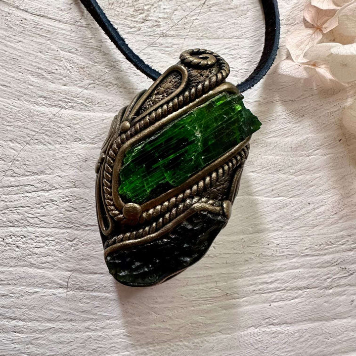Chrome Diopside and Moldavite Necklace - FairyGardenGlow