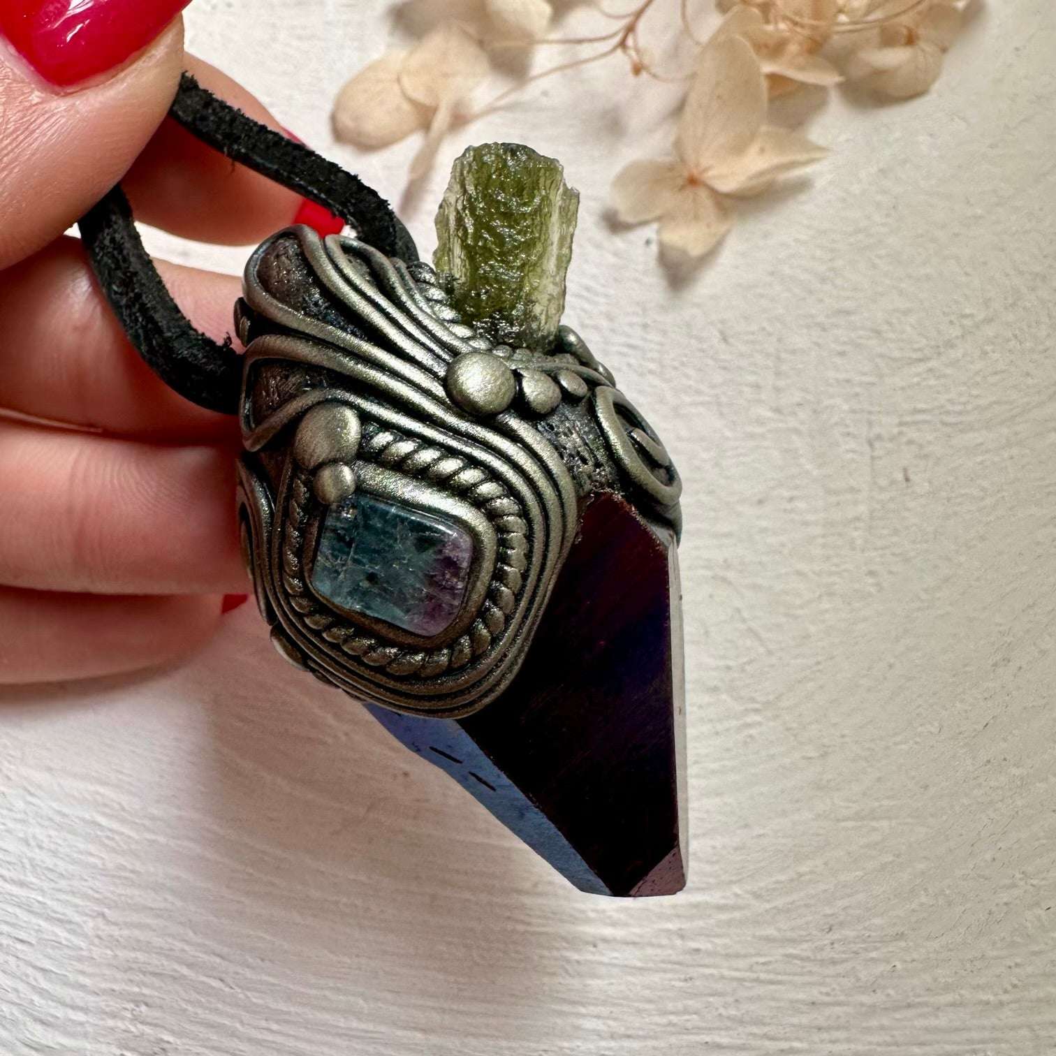 Cobalt Aura Quartz Moldavite and Bi Color Tourmaline Pendant Necklace - FairyGardenGlow