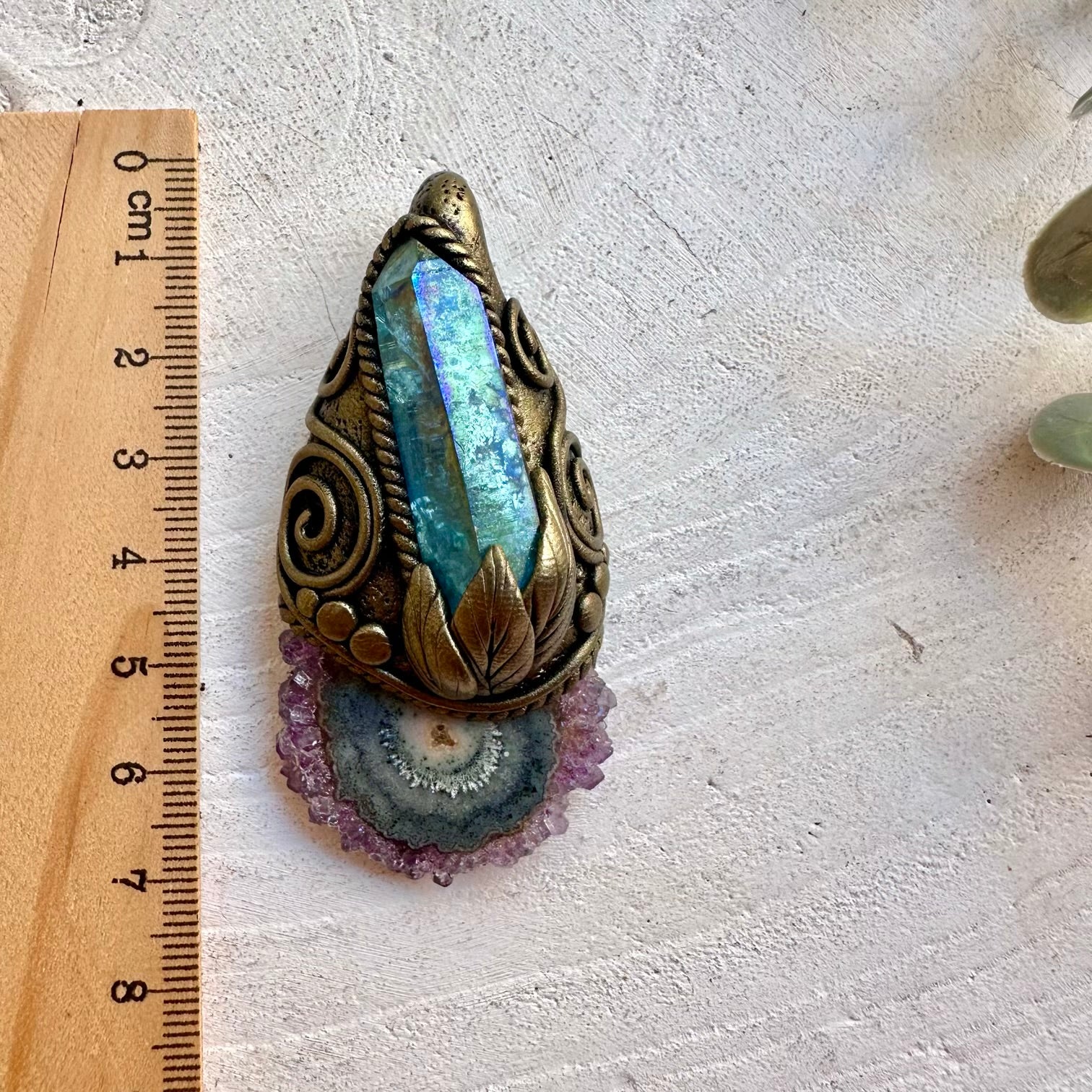 Handmade Amethyst Stalactite and Aqua Aura Quartz pendant necklace featuring unique natural crystal formations and luminous color.