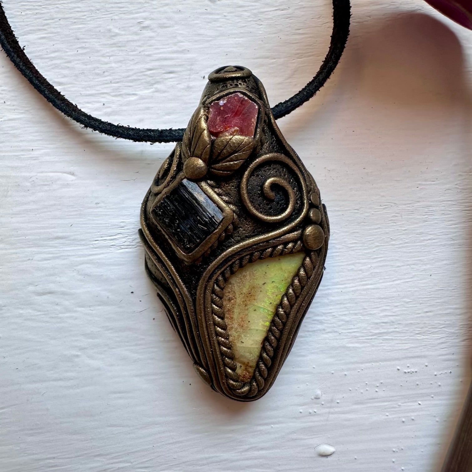 Boulder Opal Black Tourmaline and Vanadinite Pendant Necklace - FairyGardenGlow