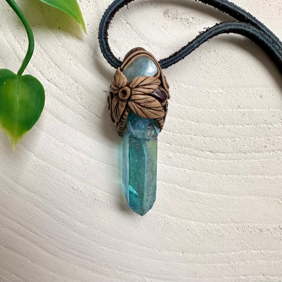 Aqua Aura Quartz Aquamarine and Red Garnet Pendant Necklace