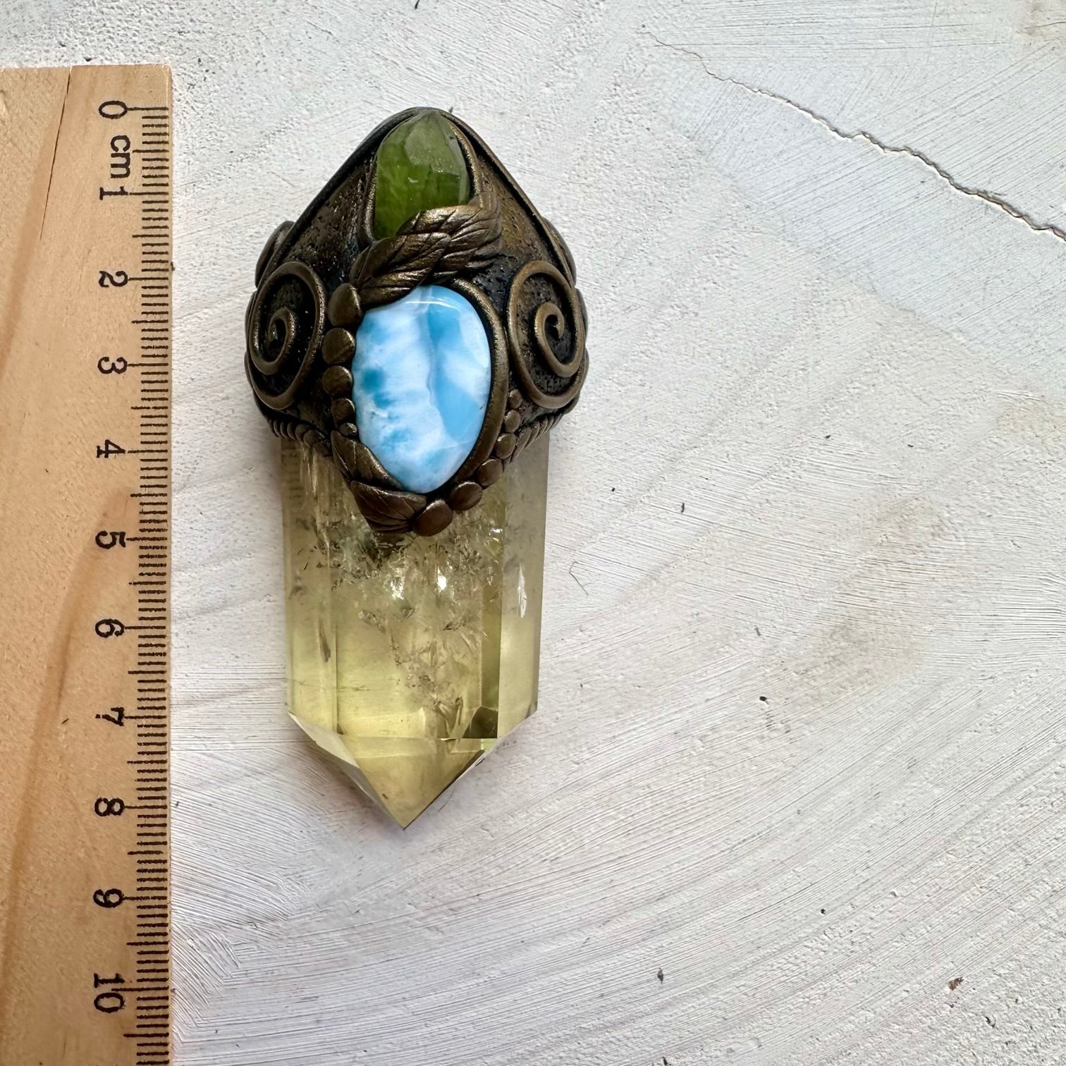 Energy crystal wand necklace with citrine and peridot