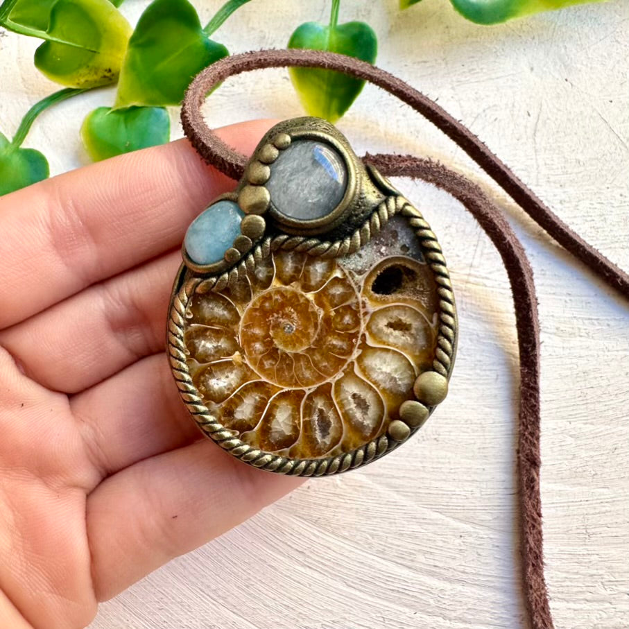 Ammonite with Clear Quartz and Aquamarine Pendant Necklace, Protection Jewelry