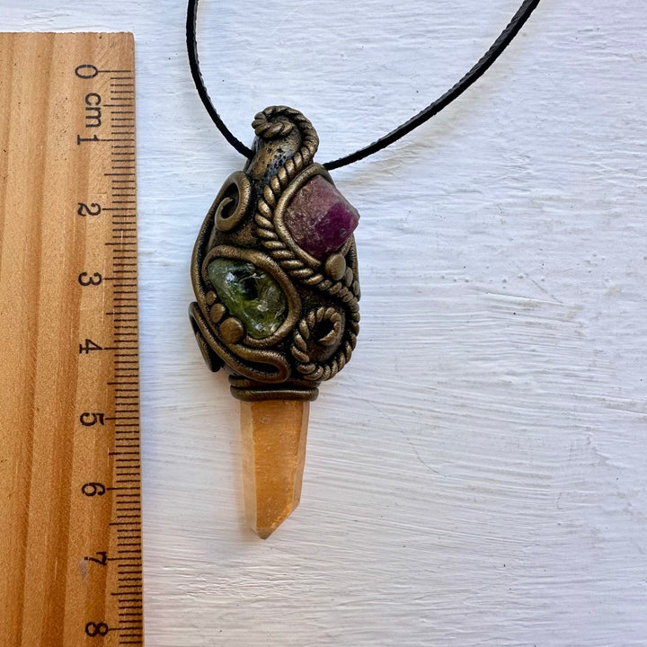 Tangerine Aura Quartz Peridot and Ruby Necklace - FairyGardenGlow