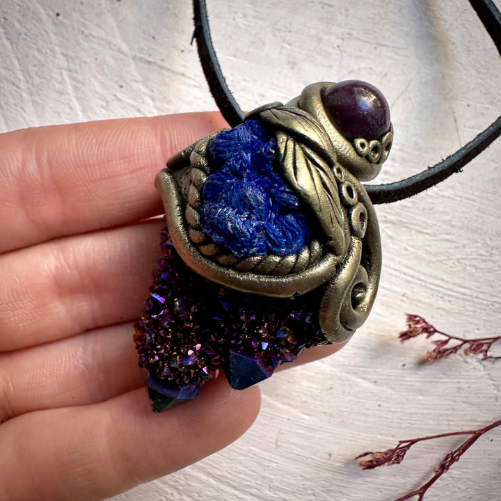 Cobalt Aura Spirit Quartz Azurite and Ruby Necklace - FairyGardenGlow