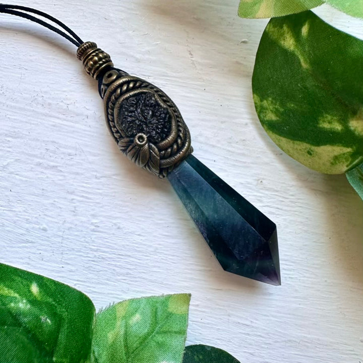 Blue Rainbow Fluorite and Moldavite Pendant Necklace - FairyGardenGlow