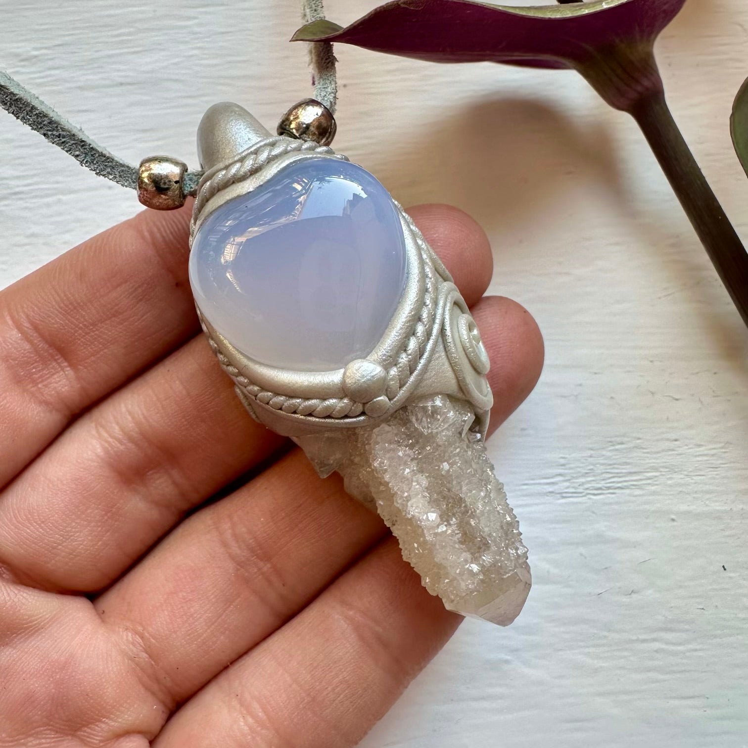 Spirit Quartz and Blue Chalcedony Pendant Necklace - FairyGardenGlow