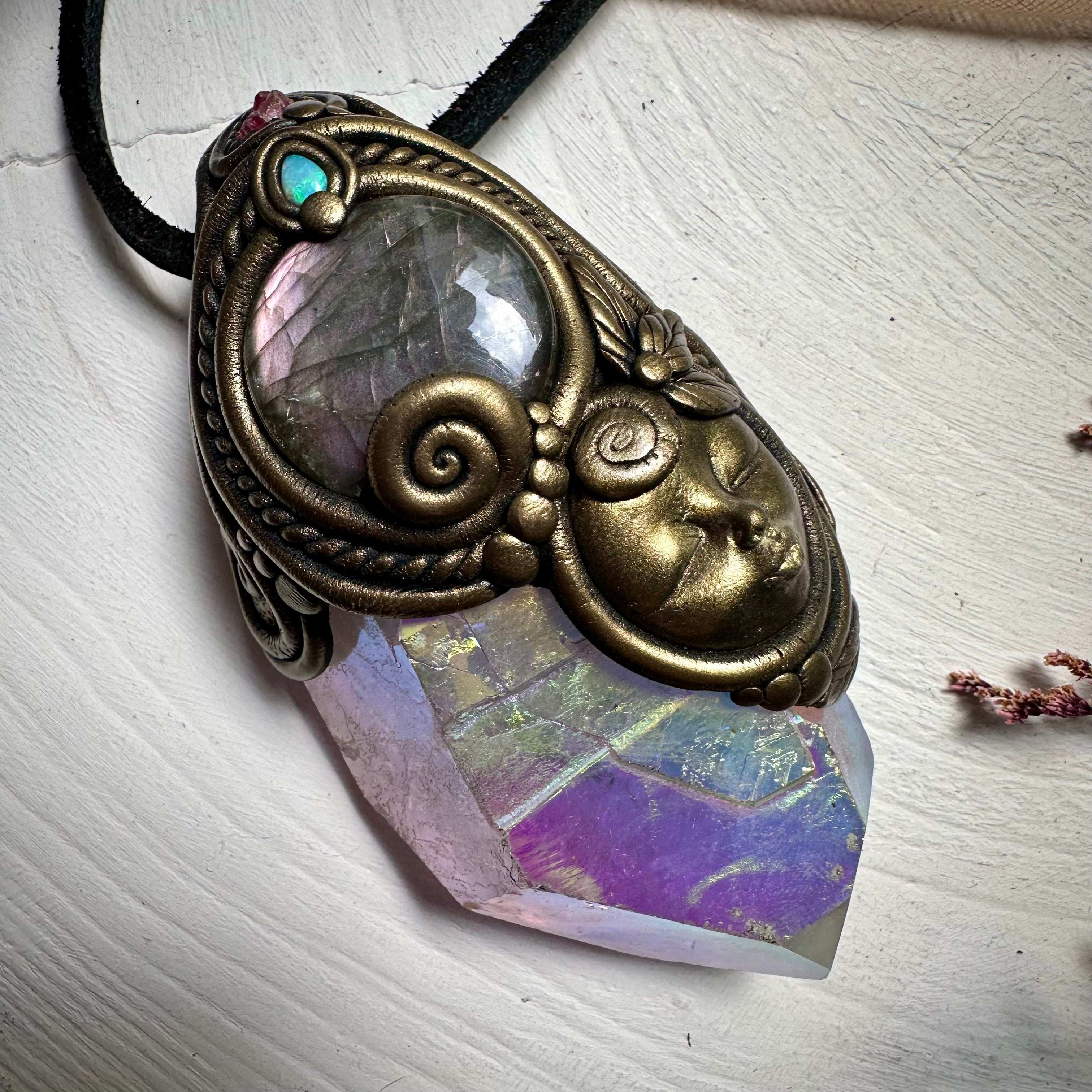 Large Angel Aura Quartz Labradorite Australian Opal and Spinel Goddess Wand / Pendant - FairyGardenGlow