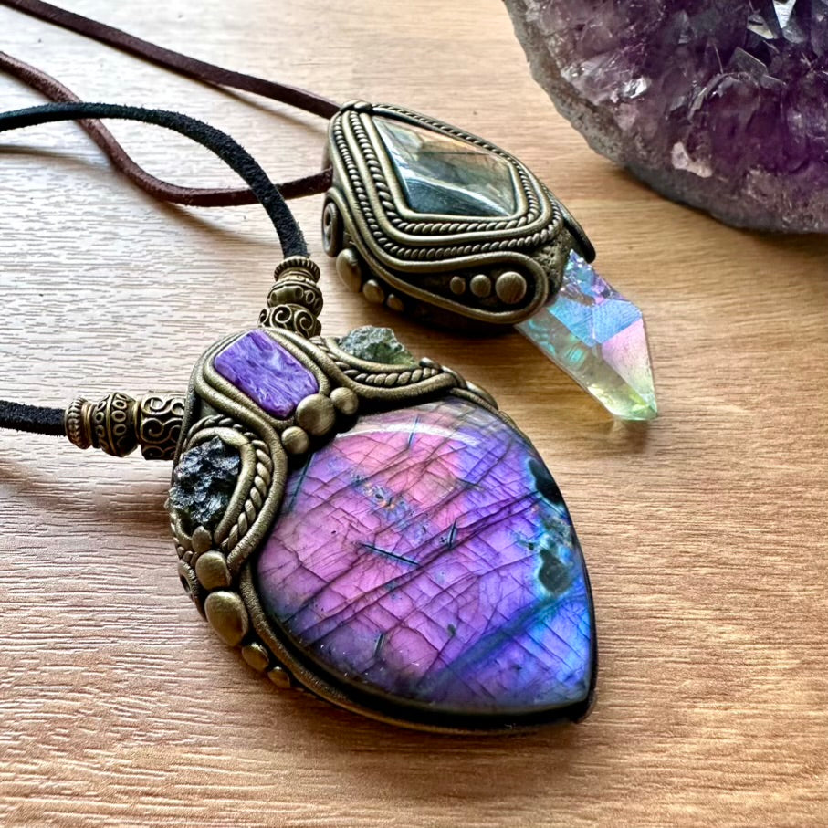 Purple Labradorite Moldavite and Charoite Pendant Necklace, Unique Protection Amulet - FairyGardenGlow