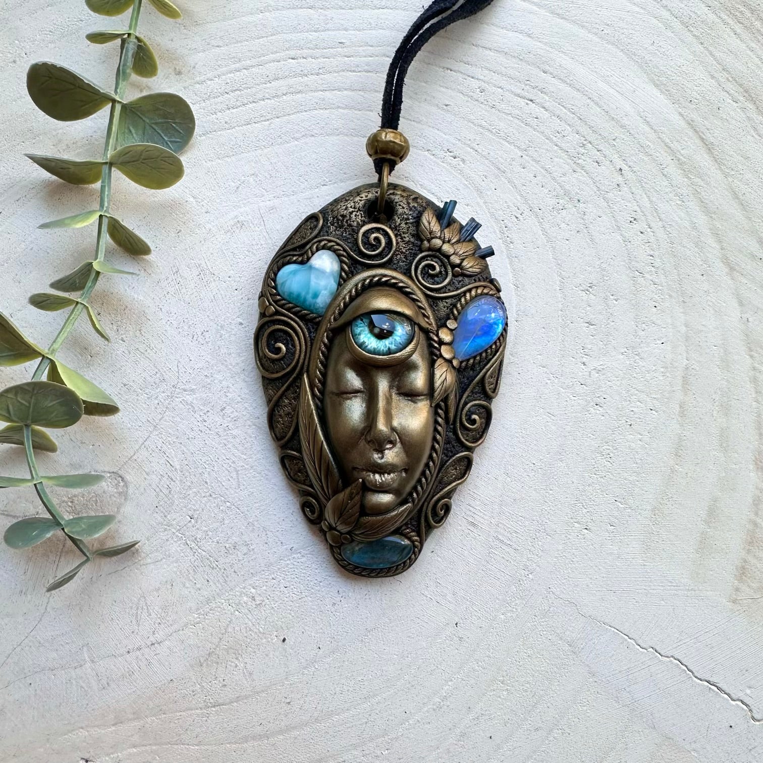 Third Eye Goddess Pendant with Labradorite, Rainbow Moonstone, Blue Tourmaline and Larimar Heart