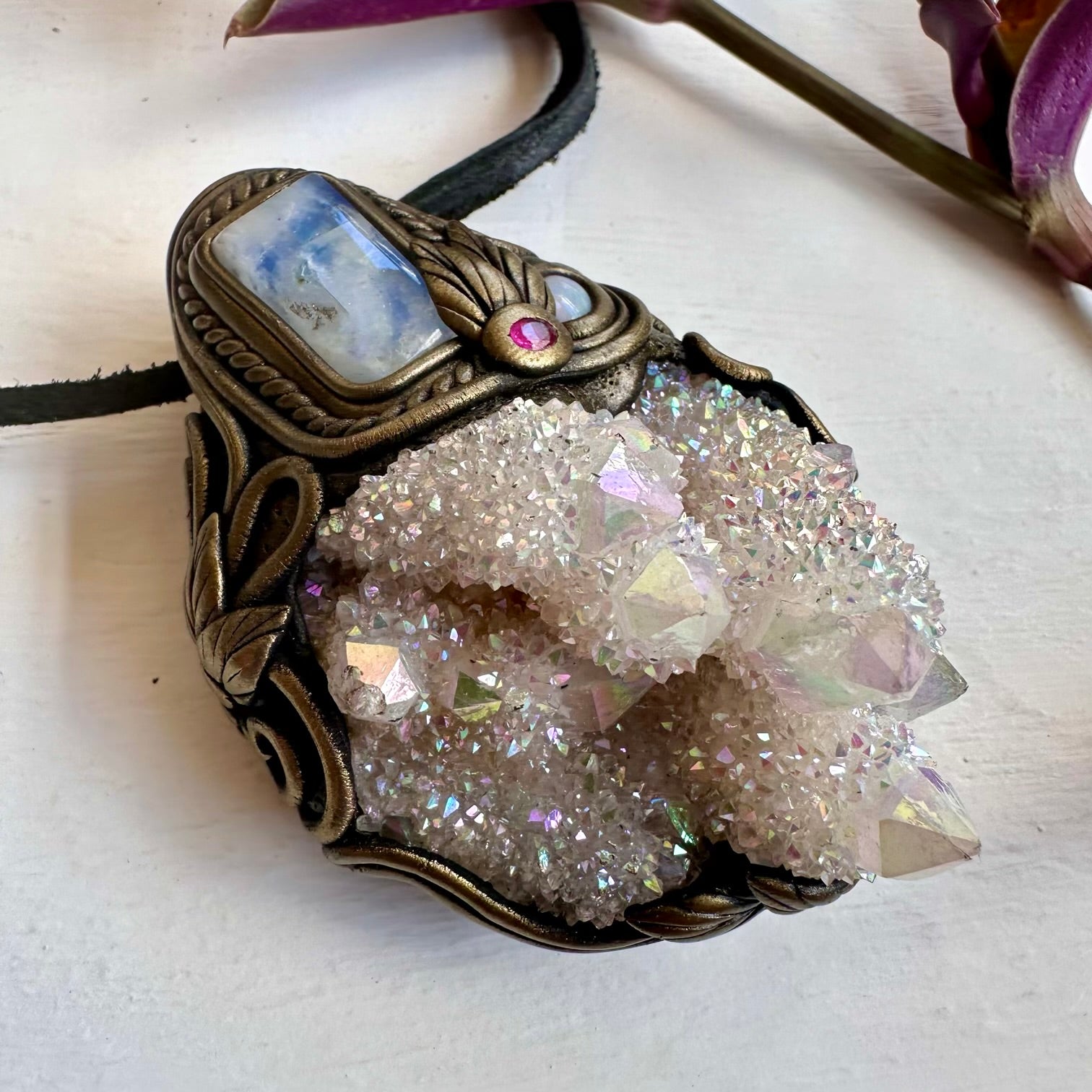 Angel Aura Spirit Quartz Rainbow Moonstone Australian Opal and Ruby Wand / Necklace - FairyGardenGlow