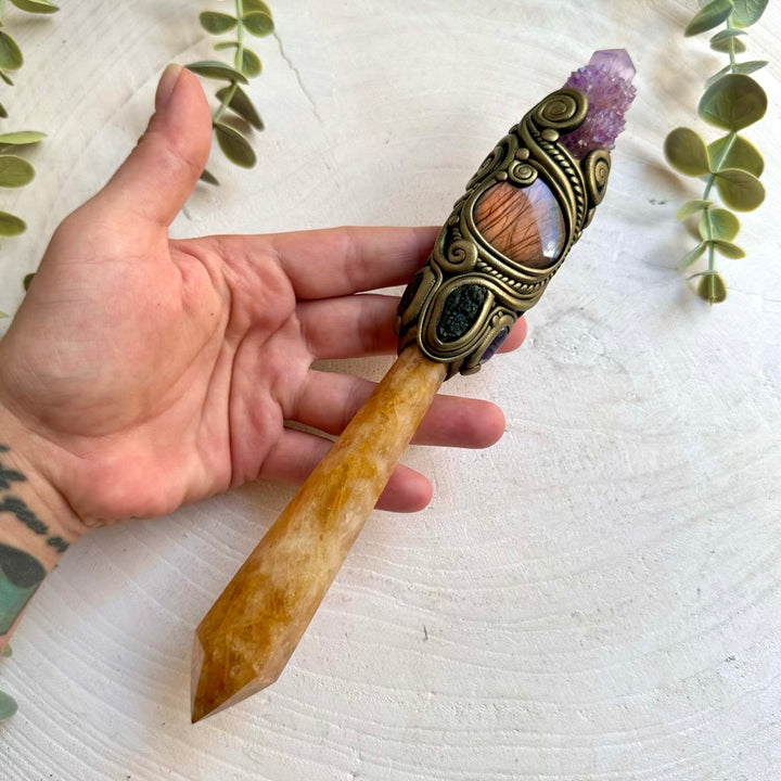 Metaphysical crystal wand made with Golden Healer Quartz and premium natural healing crystals.