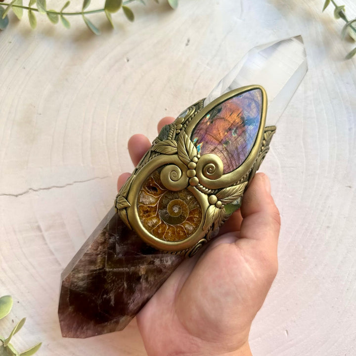 One of a kind healing crystal wand featuring Super Seven Quartz and carefully selected natural crystals.
