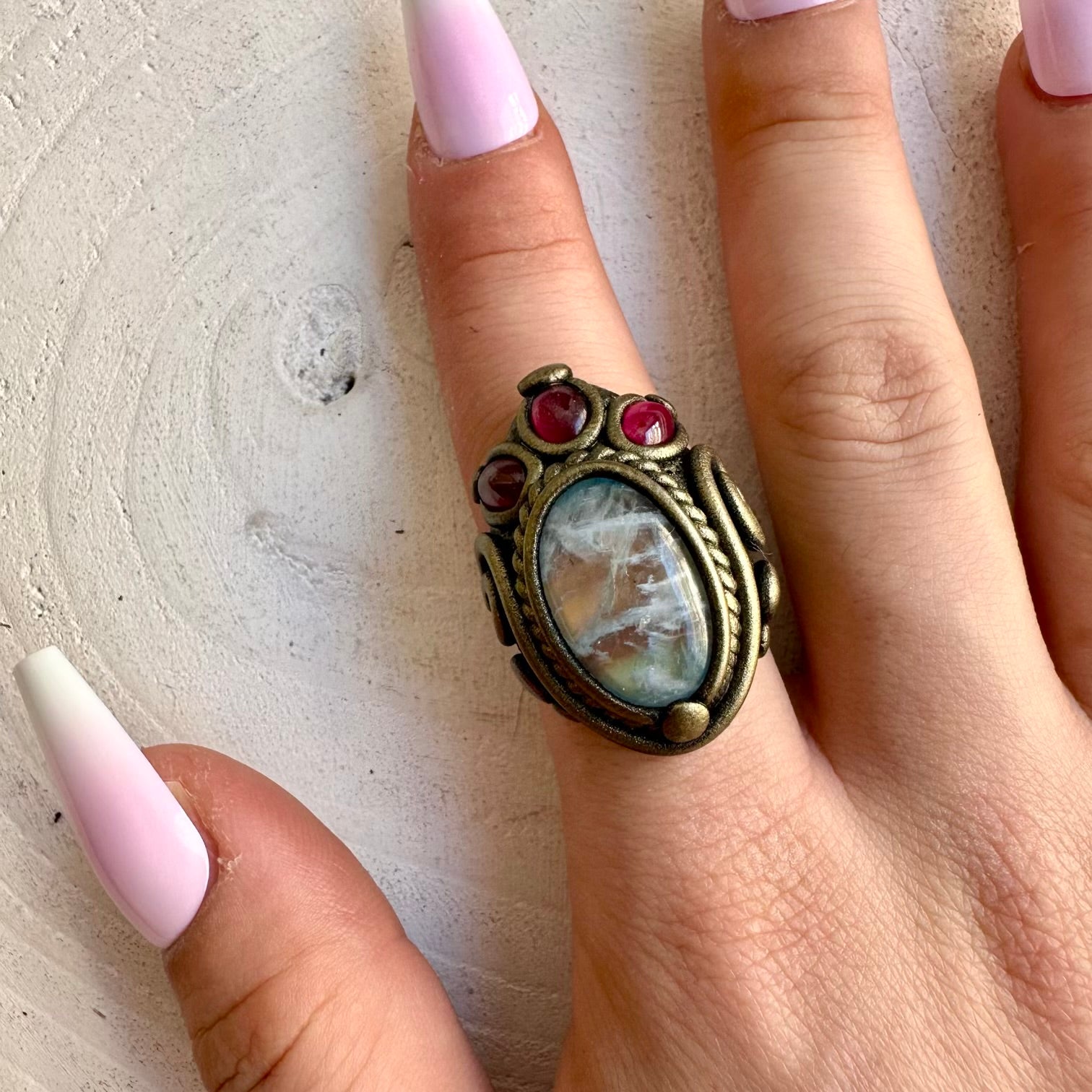 Moonstone and Rhodolite Garnet Ring