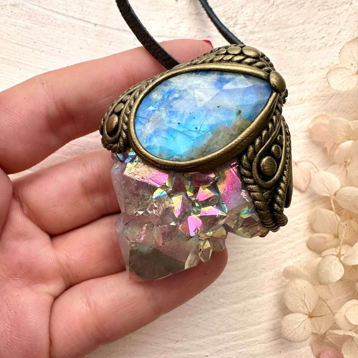 Angel Aura Spirit Quartz and Rainbow Moonstone Pendant - FairyGardenGlow
