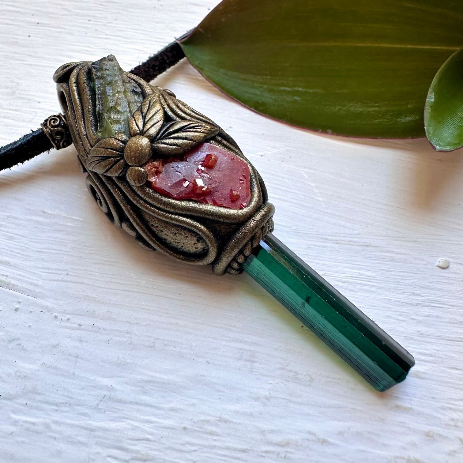 Blue-Green Tourmaline Vanadinite and Moldavite Necklace, Healing Crystal Jewelry - FairyGardenGlow